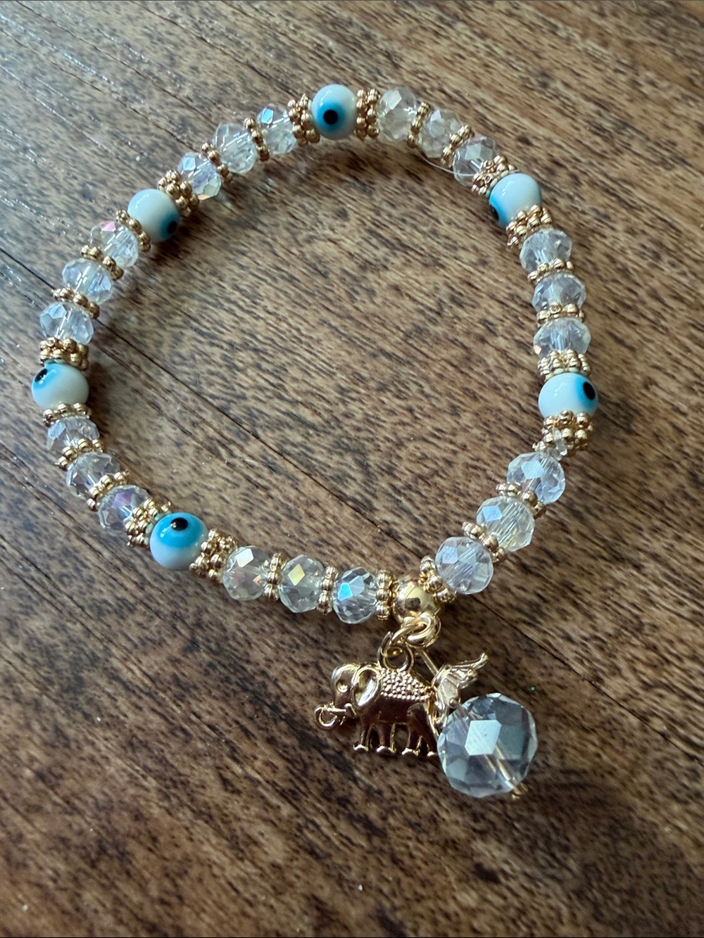 Gold Elephant Charm Stretch Bracelet with Blue and Crystal Beads